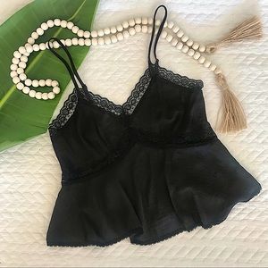 UO Kimci Blue Black Satin & Lace Swing Top XSMALL